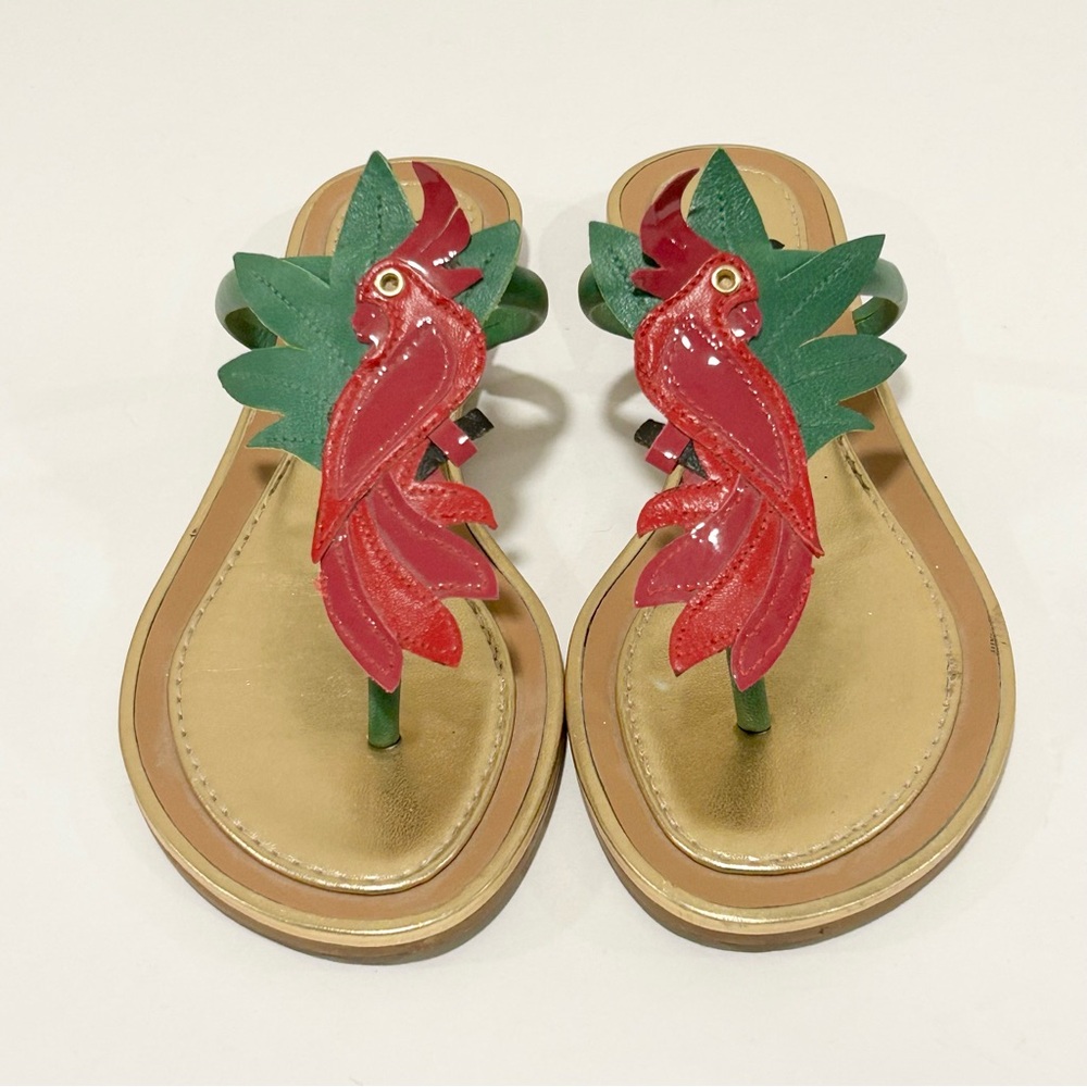 Kate Spade Ivy Parrot Sandals Gold Made in Brazil Tropical Beachwear, Size 7.5